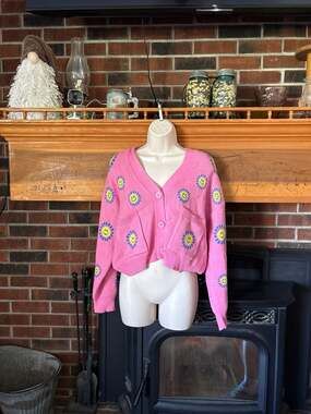 Forever 21 Pink Smiley Face Flower Print Button-Up Cardigan Sweater